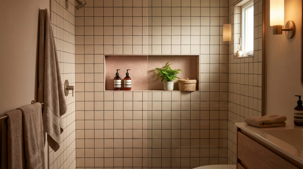 Pink Accent Niche in Shower