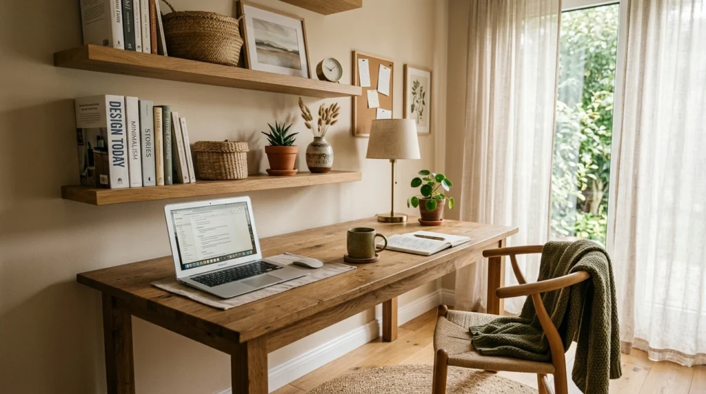 A cozy home office with wooden floating shelves above a desk, styled with books, woven baskets, and small decor. Natural light filters through sheer curtains, casting soft shadows. A ceramic mug sits on the desk next to a laptop, with a soft olive throw draped over a chair.