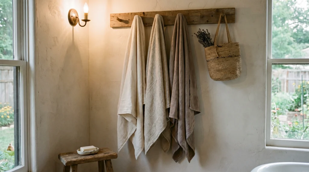 Rustic Wall Hooks Instead of Towel Bars