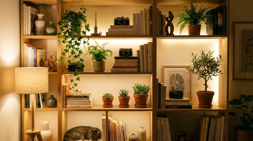 A bookshelf styled with books, small plants, and decor pieces. The plants add greenery between stacked books, while soft lighting highlights textures and creates depth.