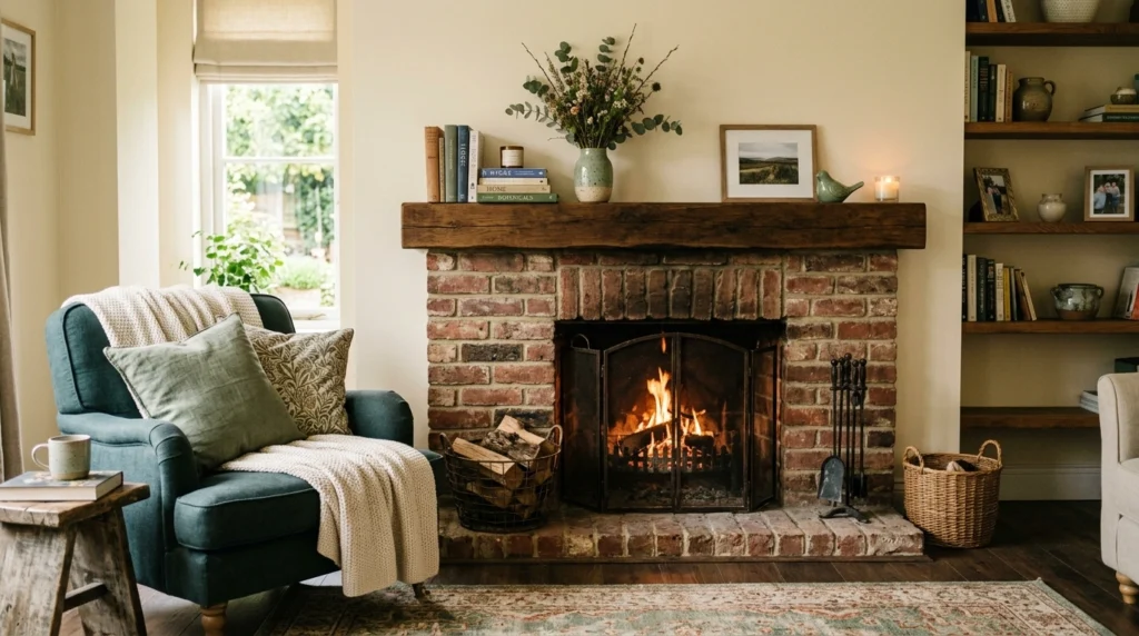 Brick Fireplace with Wooden Mantel