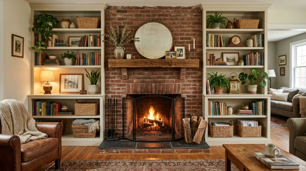 Brick Fireplace with Built-In Shelves