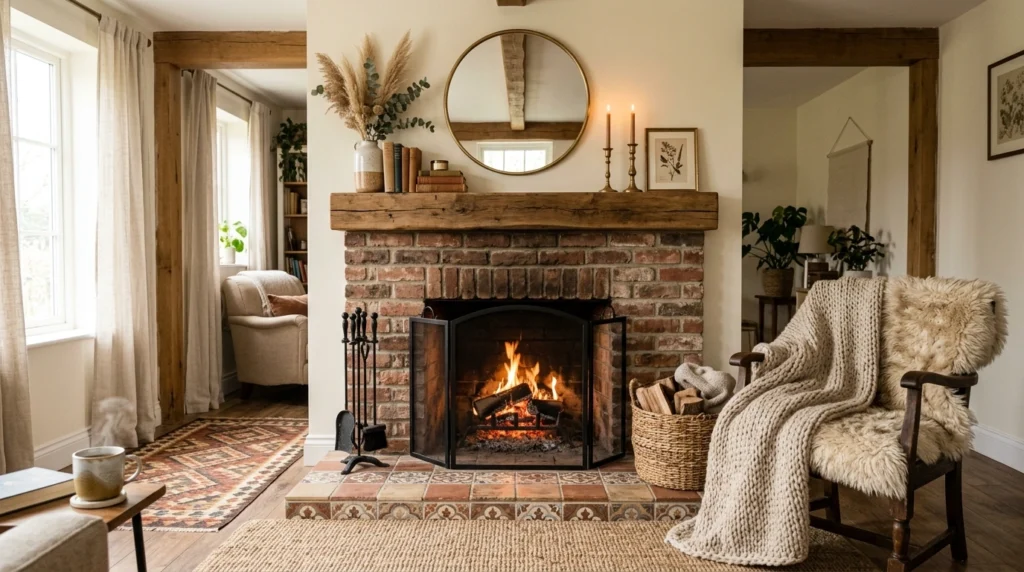 Brick Fireplace with Tile Hearth Accent
