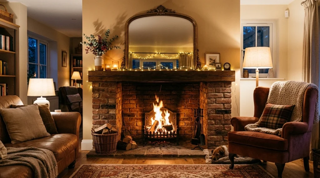 Brick Fireplace with Large Mirror Above