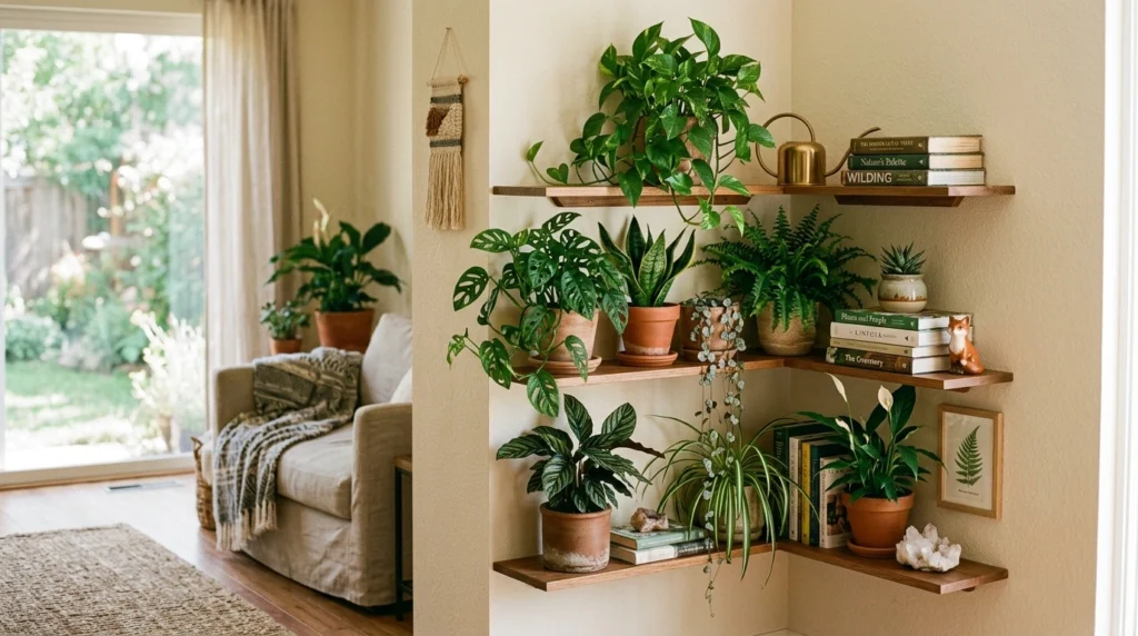 A corner shelf filled with plants at different heights, styled with books and decor. The setup feels cozy and balanced with natural light.