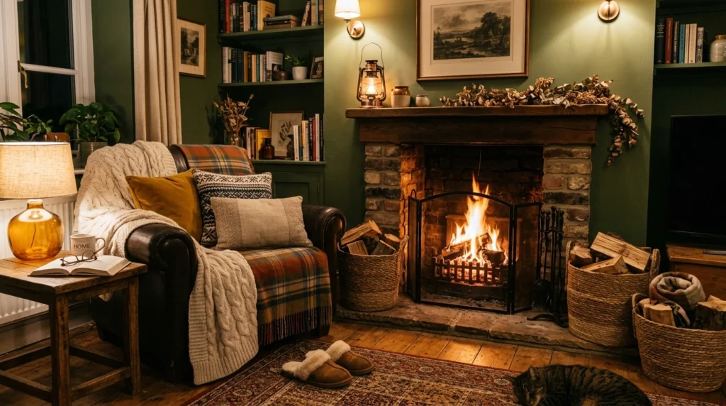 Cozy Layered Decor Around the Fireplace