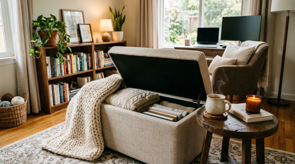 A cozy home office with a soft upholstered ottoman that opens to reveal storage. A throw blanket and a small side table with a mug complete the look.