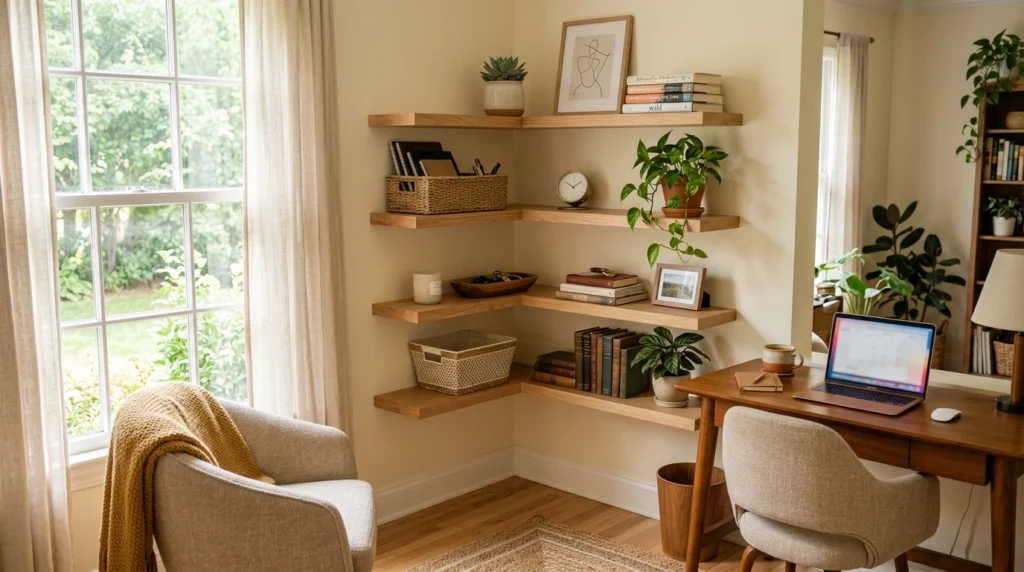 A cozy home office corner with floating corner shelves styled with decor and storage. Natural light adds warmth and depth.