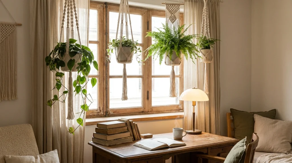 A cozy office with hanging planters near a window, greenery cascading gently. Below, a desk with books and a mug creates a lived-in feel. Soft light and neutral tones add warmth.