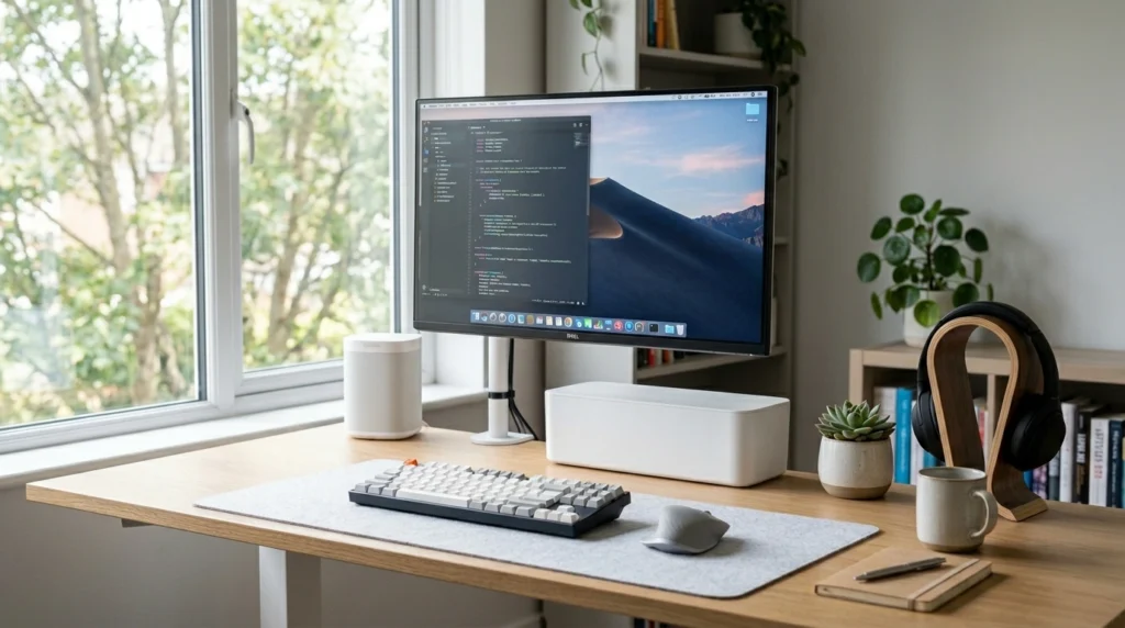 A modern desk setup with cables neatly hidden inside a minimal cable management box. Natural light highlights the clean and organized surface.