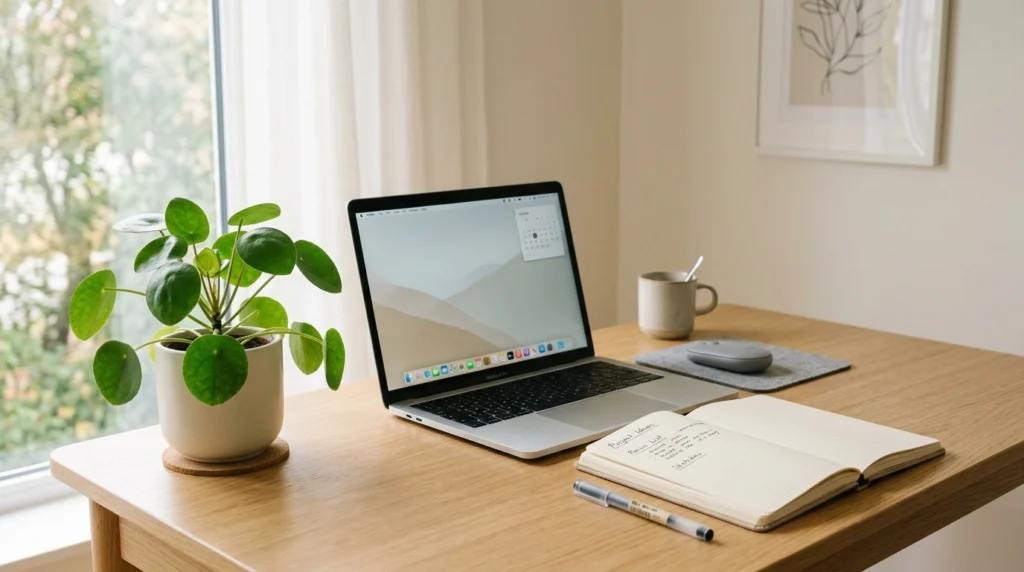 A clean desk setup with one plant in a simple pot, a laptop, and a notebook. The background features soft neutral tones and natural light.