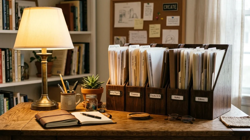 A desk with vertical file holders neatly organizing papers. A soft lamp glow and natural textures add warmth to the space.