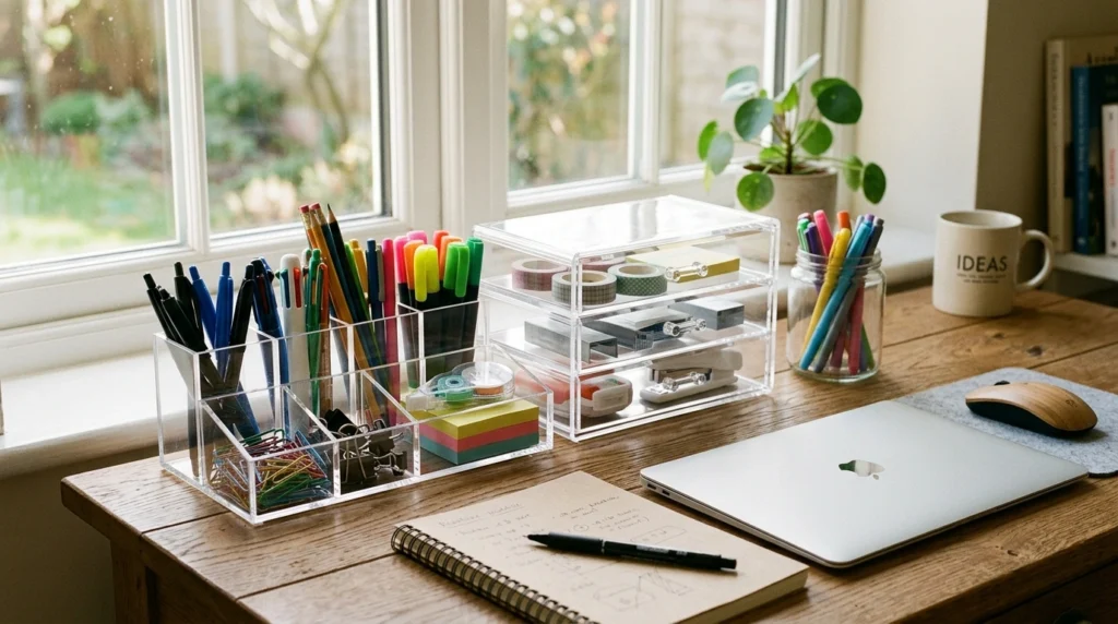 A desk styled with clear containers holding office supplies. Soft sunlight and subtle shadows create a warm and organized scene.