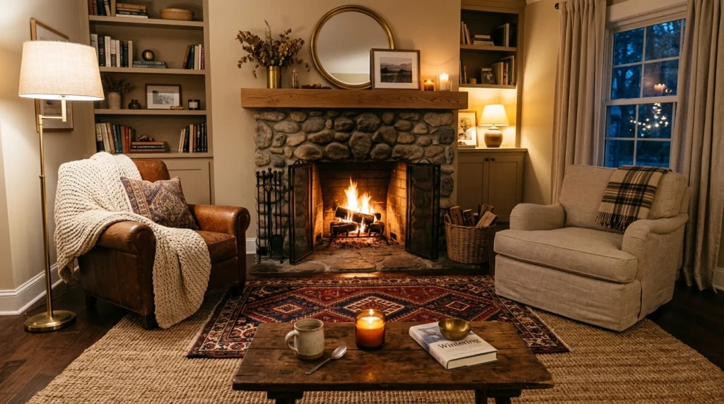 Layered Rugs Around the Fireplace