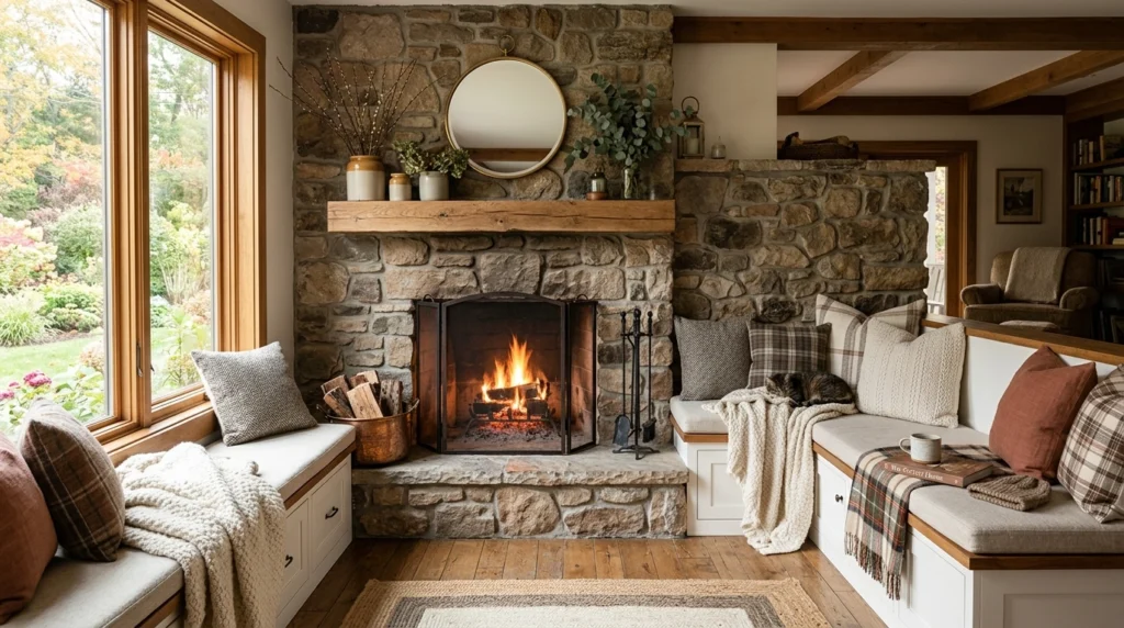 Fireplace with Built-In Bench Seating