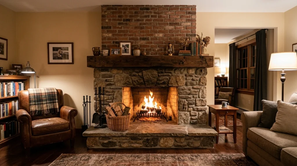 Mixed Material Fireplace (Brick + Wood + Stone)