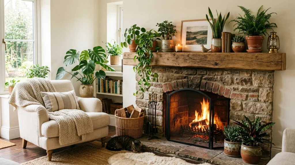 Fireplace Styled with Plants