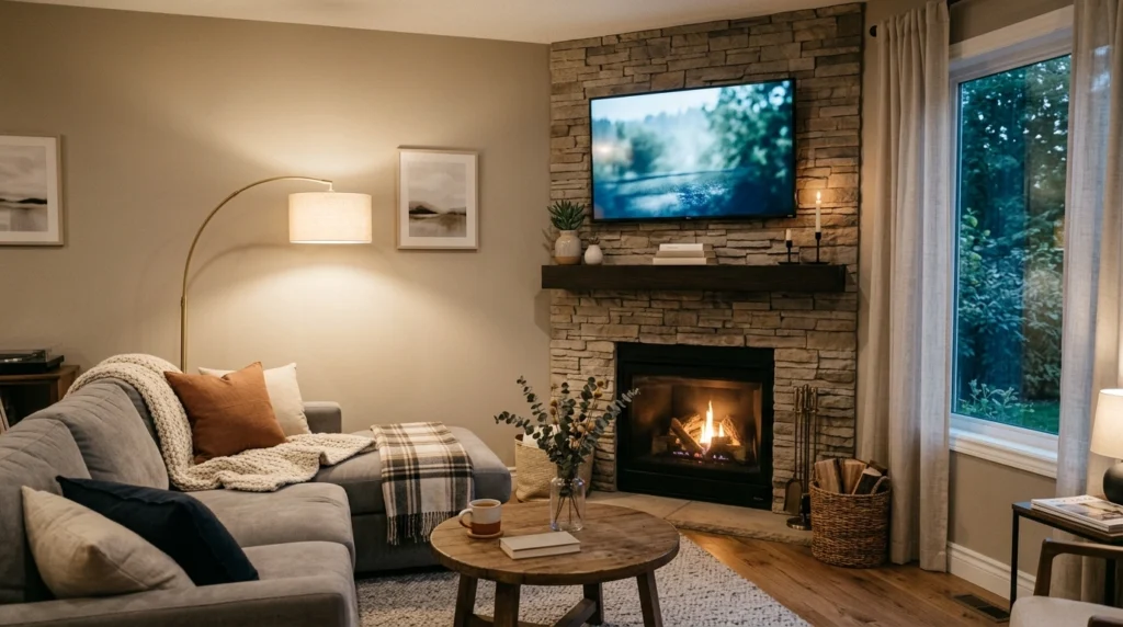 TV Above Corner Fireplace (Smart Layout)