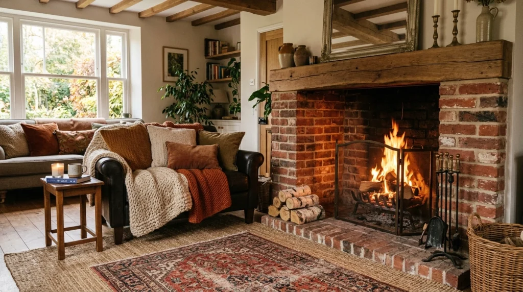 Fireplace with Layered Rugs and Textiles