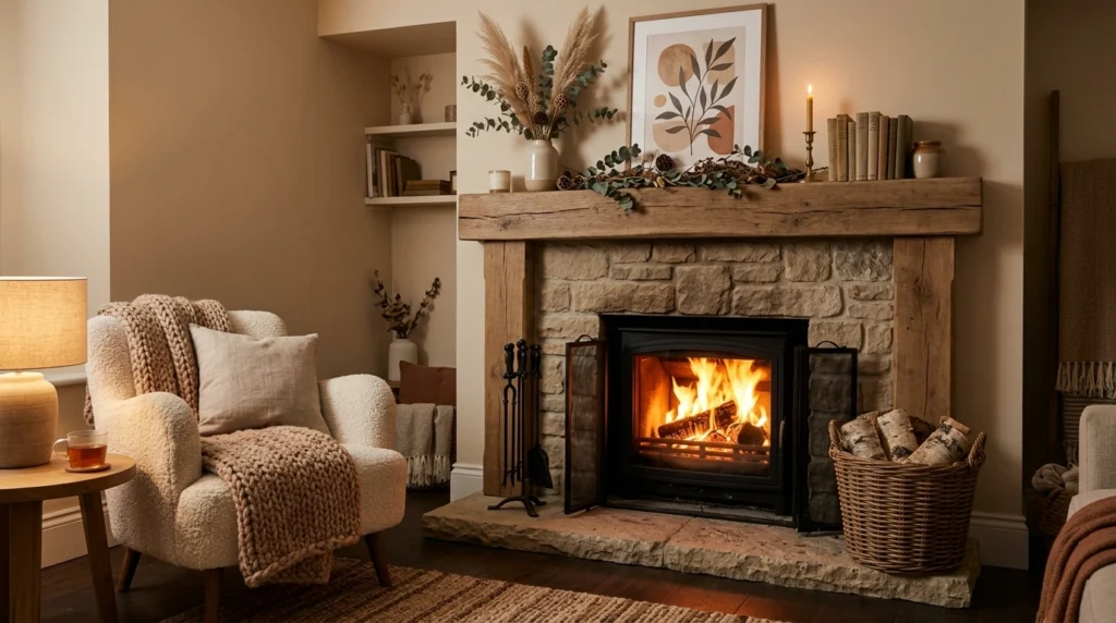 Neutral Fireplace with Warm Wood Accents