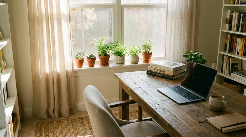 A bright home office by a window with small plants lined along the sill. A wooden desk with a laptop, books, and a ceramic mug sits nearby. Sheer curtains allow sunlight to filter through, creating a soft glow.