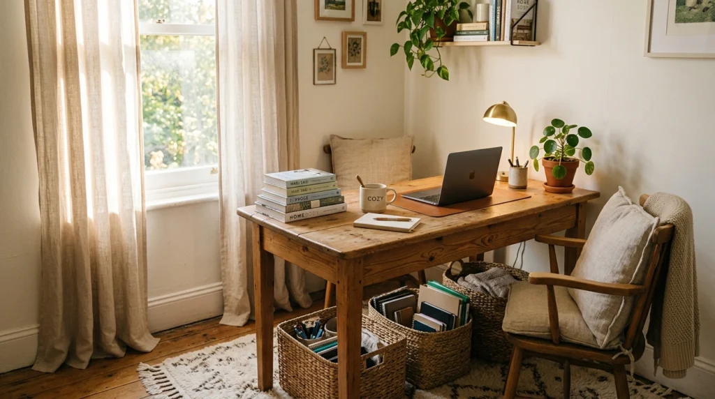 A home office corner with woven baskets tucked under a wooden desk, filled with office supplies. A soft rug, linen curtains, and warm sunlight create a cozy atmosphere. A stack of books and a mug sit neatly on the desk.