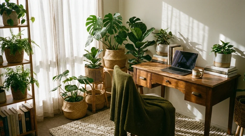 A cozy home office corner with layered indoor plants in woven baskets and ceramic pots at varying heights. A wooden desk sits nearby with a laptop, a ceramic mug, and stacked books. Soft sunlight filters through sheer curtains, casting gentle shadows. A neutral rug and olive throw add warmth.