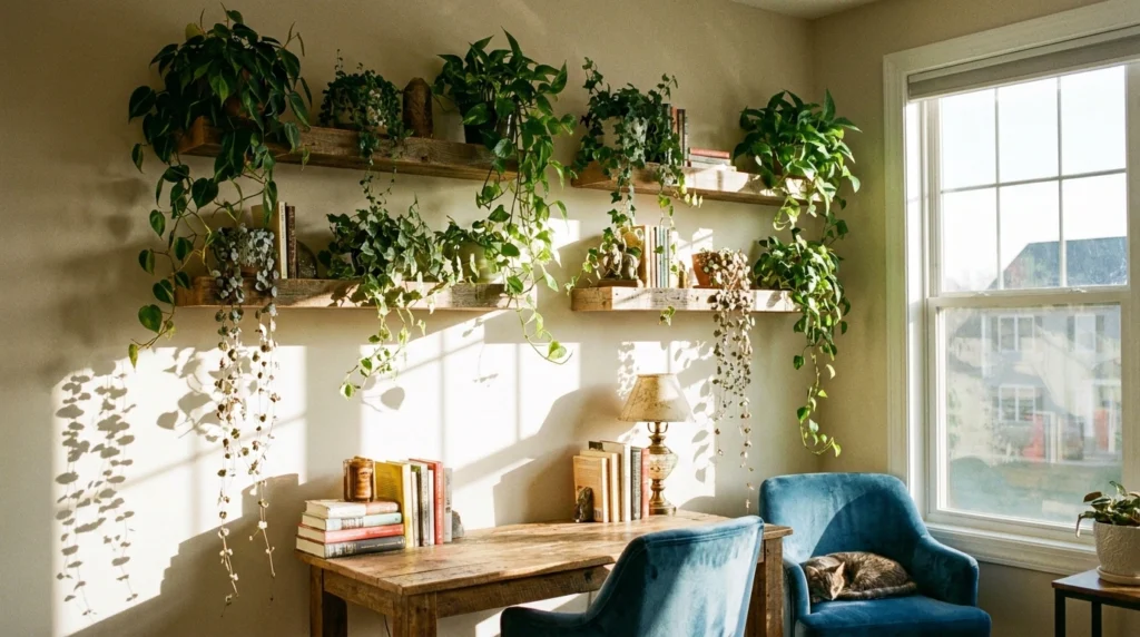 A home office wall with floating wooden shelves filled with trailing plants cascading down. A desk sits below with books and a soft blue accent chair. Sunlight highlights the greenery, creating depth and natural shadows.