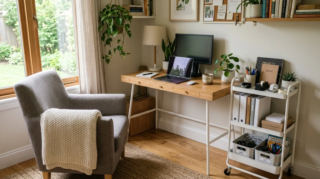A small home office with a slim rolling cart beside a desk, holding neatly organized supplies. Soft natural light highlights the textures of the space, with a cozy chair and a folded throw nearby.