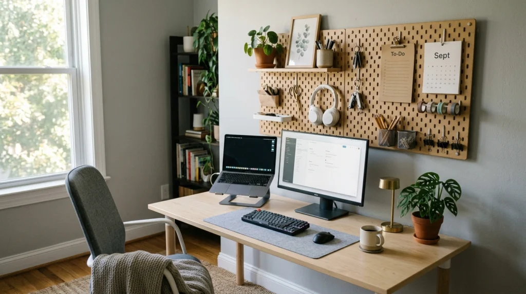 A modern home office with a wall-mounted pegboard above the desk, holding neatly arranged tools and decor. Soft daylight and subtle shadows create a relaxed, Pinterest-worthy scene.