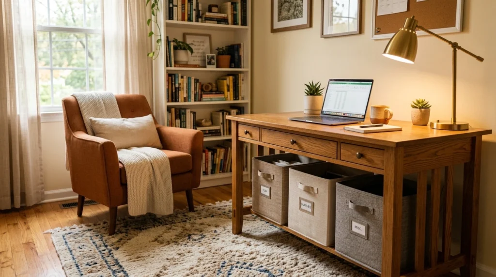 A home office with neutral-toned storage bins tucked under a wooden desk. A cozy rug, soft lighting, and a warm-toned chair create a welcoming atmosphere.