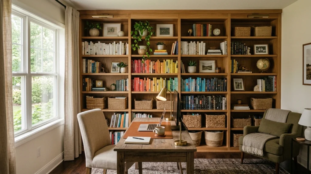 A home office with built-in shelves filled with books, decor, and baskets. Soft lighting and natural textures create a calm and inviting space.