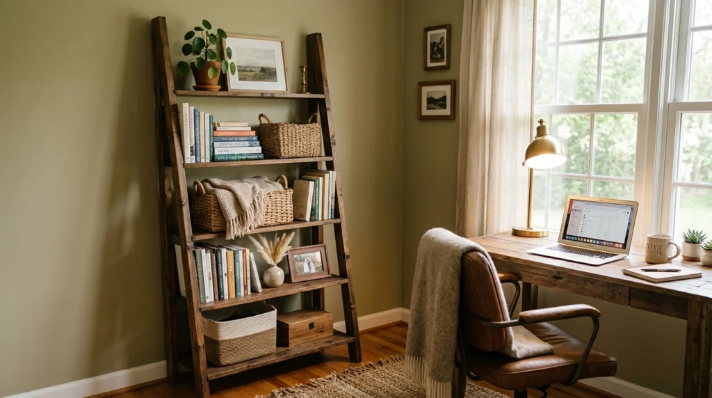 A home office with a wooden ladder shelf holding baskets, books, and decor. Warm light and soft textures create a cozy feel.