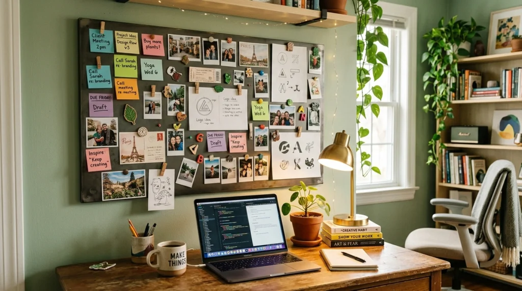A home office with a magnetic board displaying notes and photos. Soft lighting and warm decor create a relaxed and creative environment.
