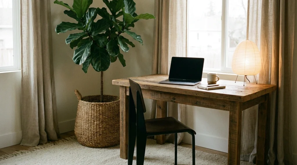 A home office with a large statement plant in a woven basket beside a desk. The desk is styled with minimal decor, a laptop, and a warm lamp. The space feels calm and grounded with soft natural lighting.