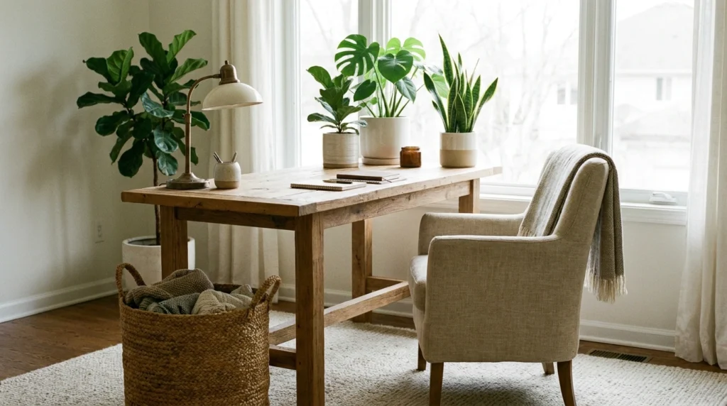 A home office with a wooden desk paired with green plants in ceramic pots. A woven basket sits nearby, and a linen chair adds texture. Natural light creates a cozy, earthy vibe.