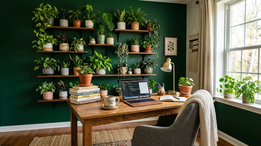 A home office with a green wall accent featuring multiple plants arranged neatly. A desk sits below with books and a mug, creating a warm and inspiring setup.