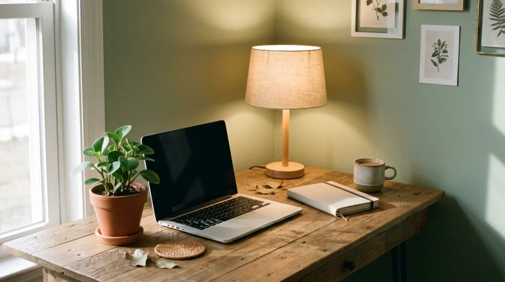 A minimal desk setup with a small potted plant beside a laptop, styled with a warm desk lamp, a notebook, and a ceramic mug. Natural light streams in, creating soft shadows. The desk is wooden with subtle decor accents and a soft sage tone in the background.
