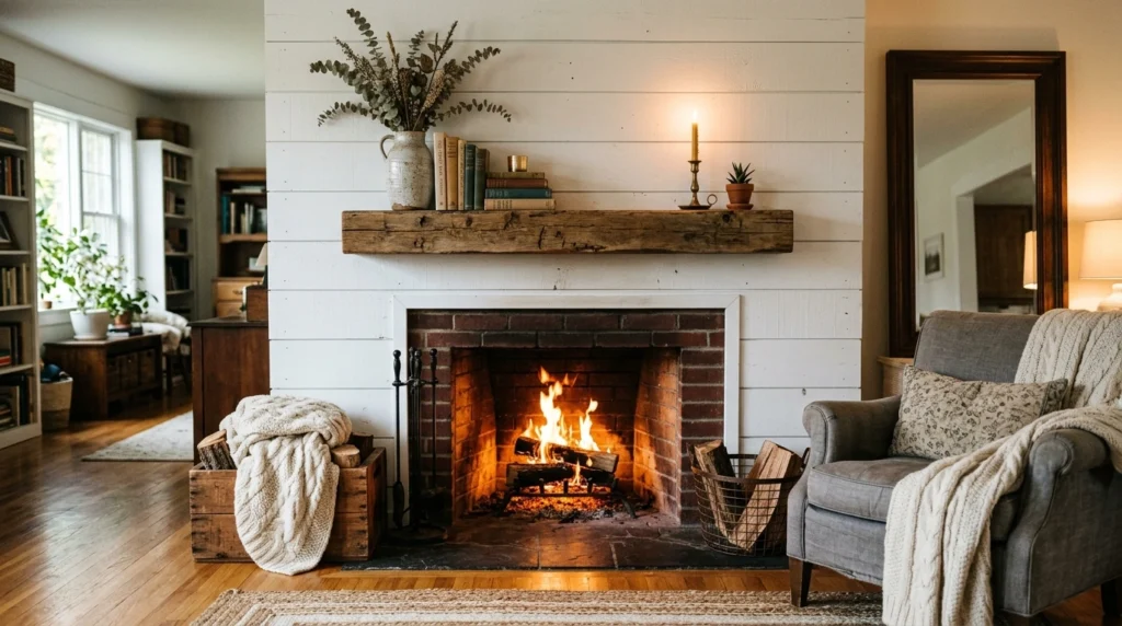Shiplap with a Rustic Wood Mantel