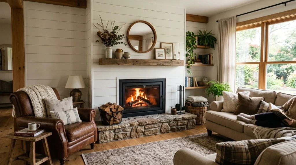 Shiplap Fireplace with Stone Base