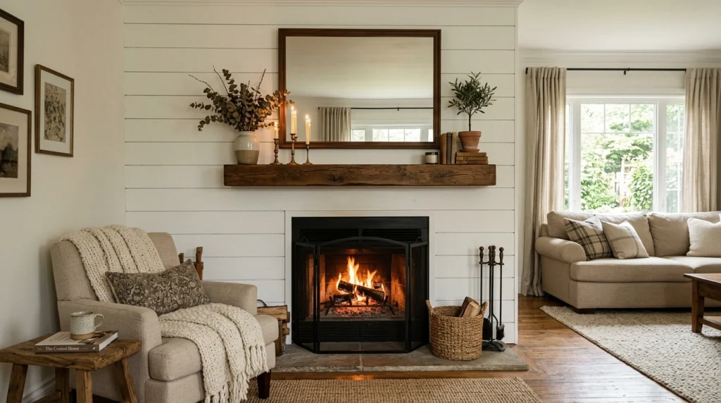 Shiplap Fireplace with Mirror Above