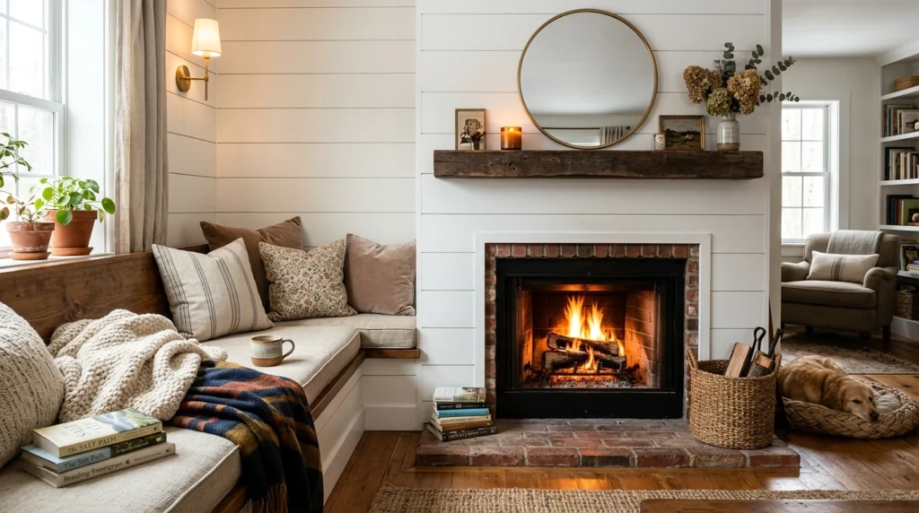 Shiplap Fireplace with Built-In Bench