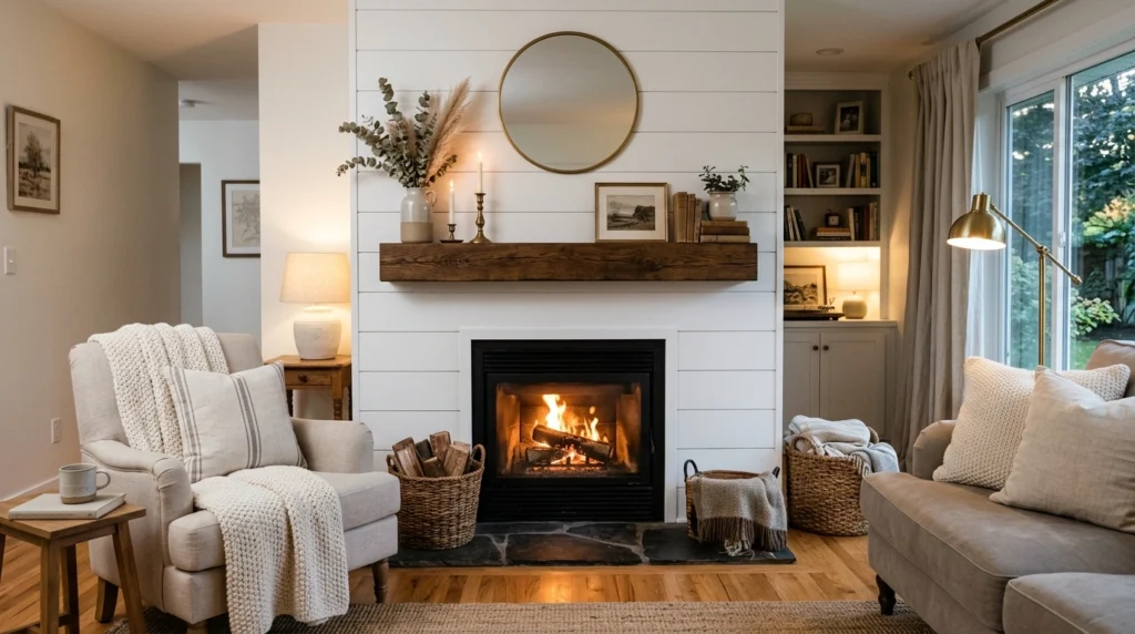 White Shiplap with Dark Mantel Contrast