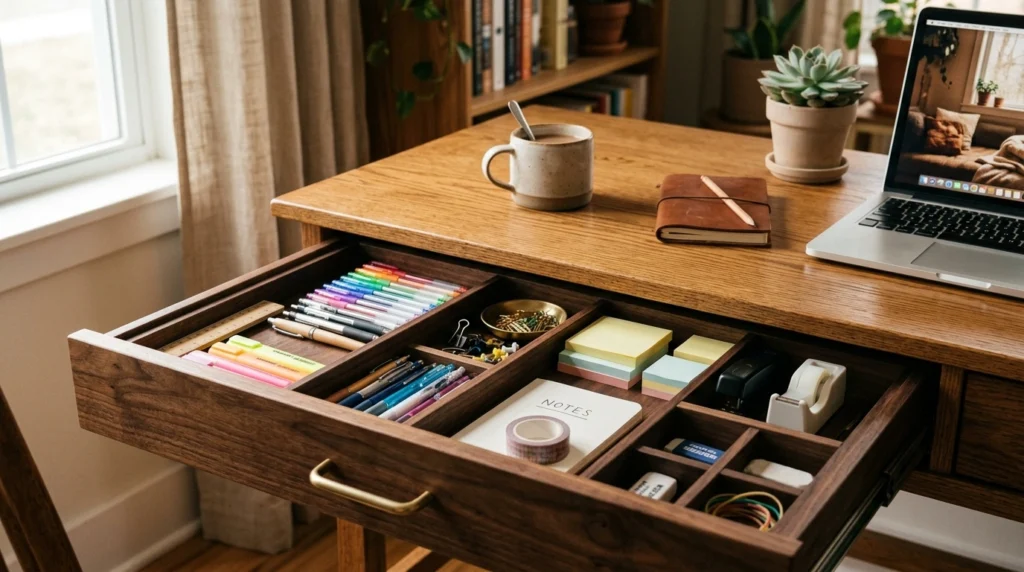 A wooden desk with an open drawer showing neatly organized compartments filled with office supplies. Warm lighting and soft textures create a calm and inviting workspace.