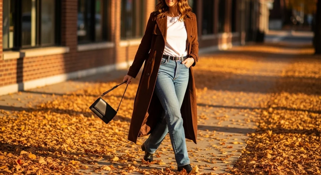 Suede Trench Coat & Straight-Leg Jeans