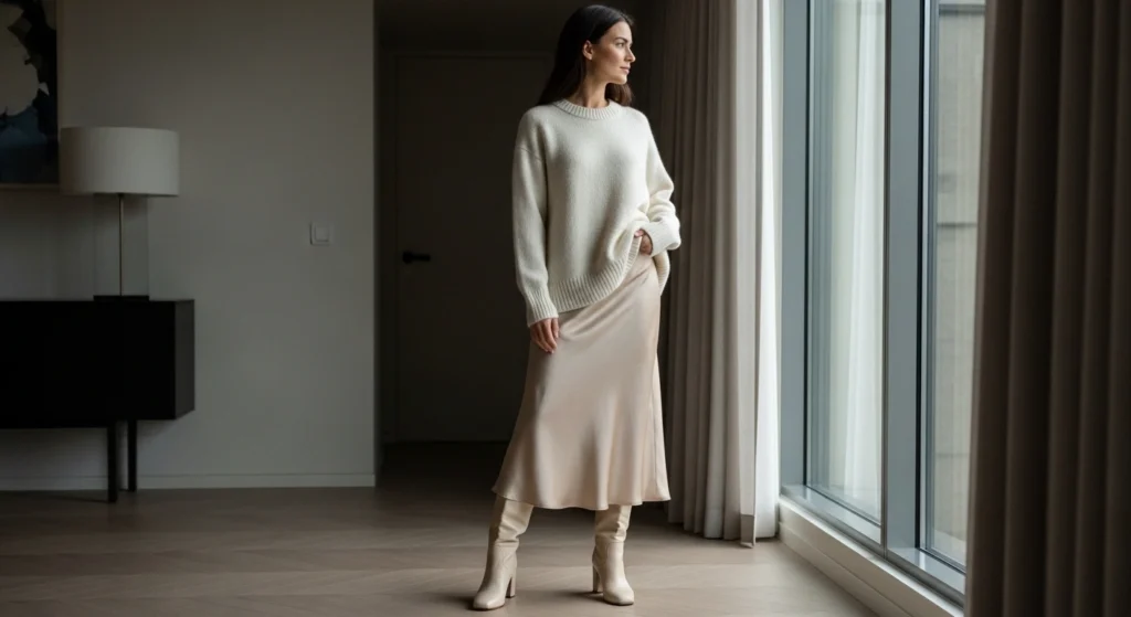 Monochromatic Cream Knit & Slip Skirt