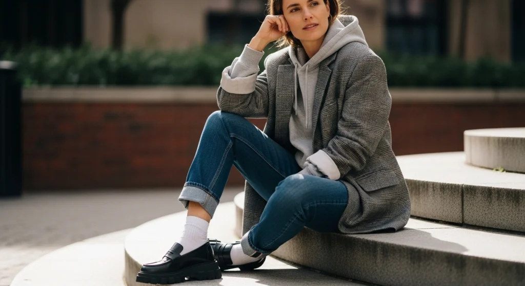 Blazer Over Hoodie, Chunky Loafers, & White Crew Socks
