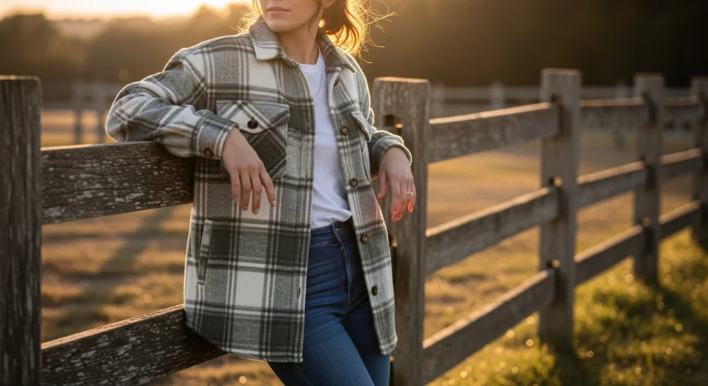 Fleece-Lined Shacket, Classic Tee, & Dark Wash Denim