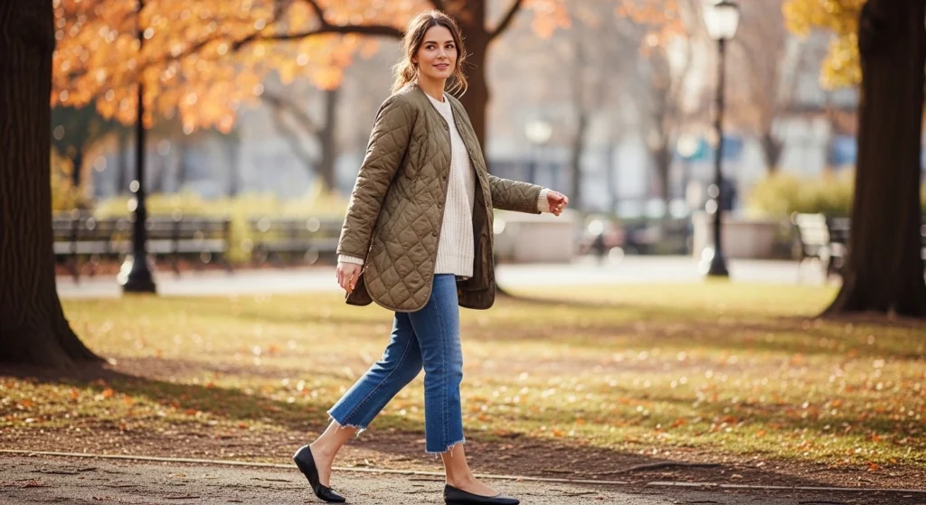 Quilted Liner Jacket, Cropped Denim, & Ballet Flats