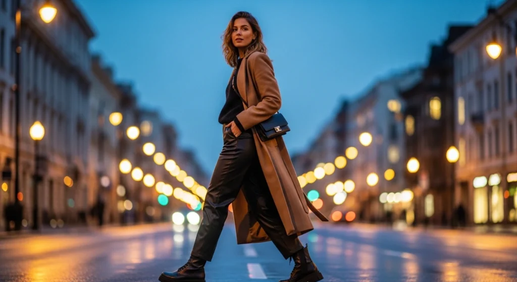 Tailored Coat, Faux-Leather Pants, & Chunky Combat Boots